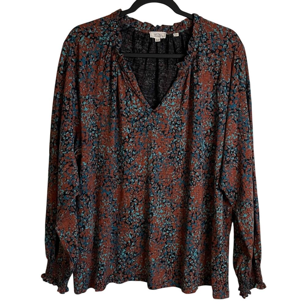 Fat Face Popover Blouse Sz 18 Abstract Long Sleeves Ruffle V-Neck Smocked Cuffs